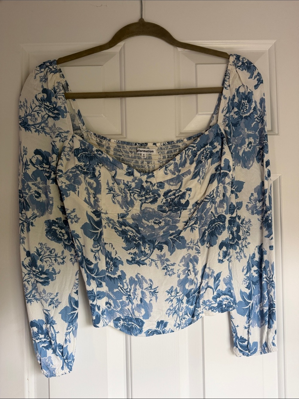 Reformation Cream and Blue Floral Square-Neck Blouse